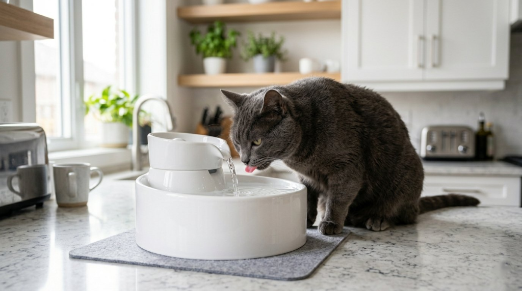 A domestic cat drinking fresh water from a pet water fountain
