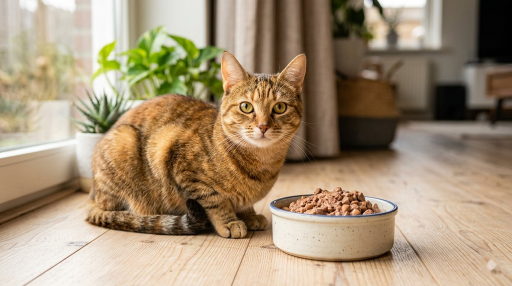 A healthy cat sitting next to a bowl of nutritious wet cat food