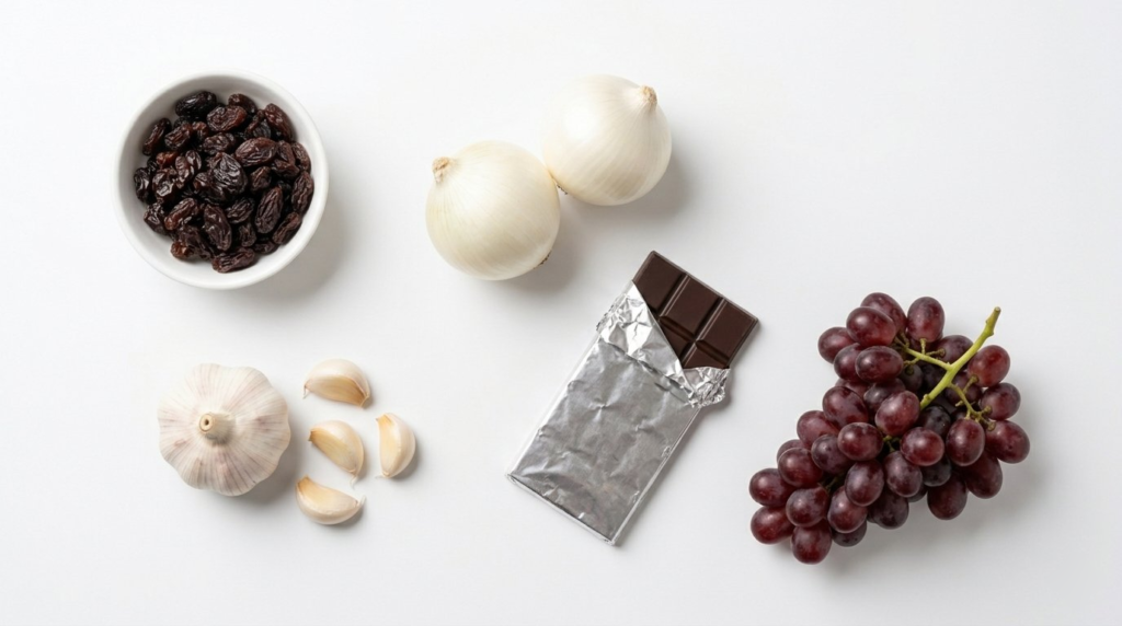 Common household foods that are toxic and dangerous for cats including chocolate, grapes, onions and garlic