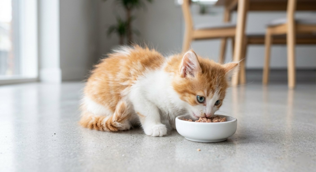 A small kitten eating from its food bowl for the first time