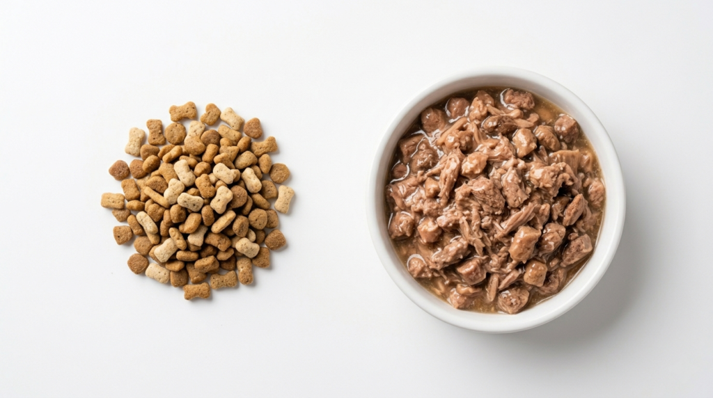 Side by side comparison of dry cat food kibble and wet canned cat food
