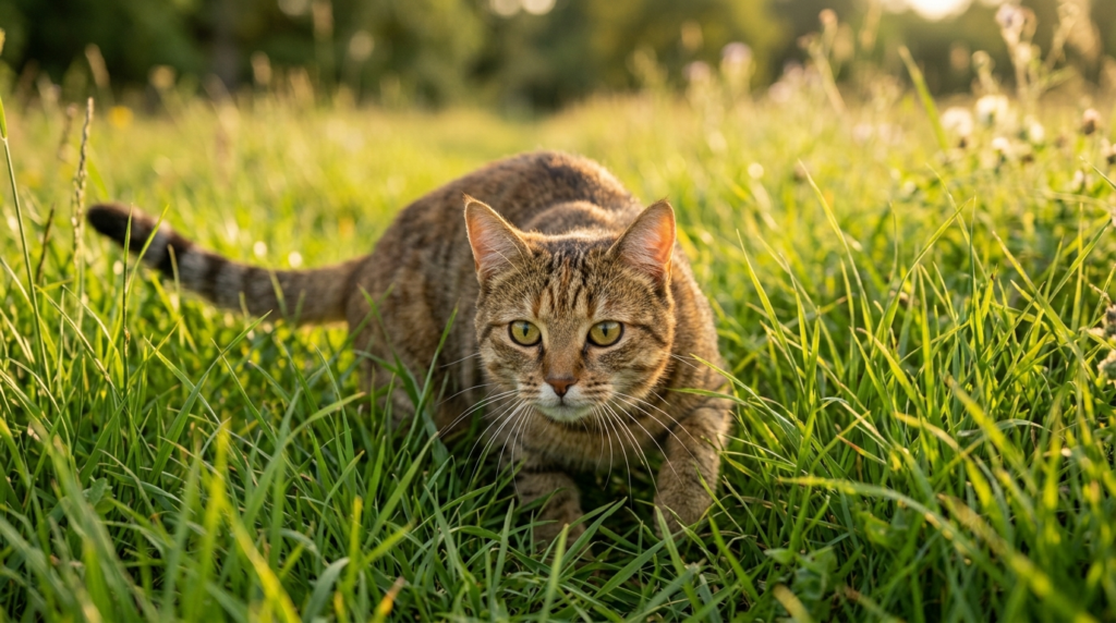 Tabby cat in natural hunting pose showing its carnivore instinct 
