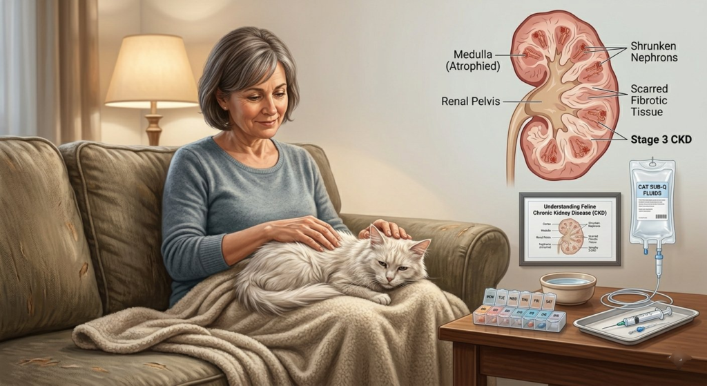 Cat-owner-providing-compassionate-home-palliative-care-to-an-elderly-cat-with-Stage-4-kidney-disease-including-subcutaneous-fluids-warm-blanket-and-medications-on-side-table