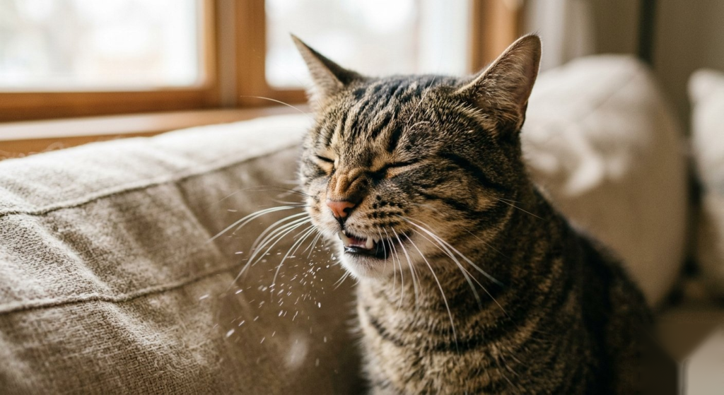 A tabby cat sneezing on a sofa indoors