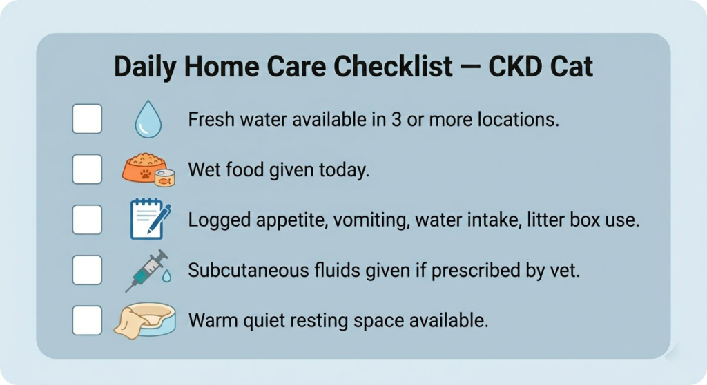 Daily home care checklist illustration for owners of cats with chronic kidney disease covering hydration wet food symptom logging subcutaneous fluids and rest environment
