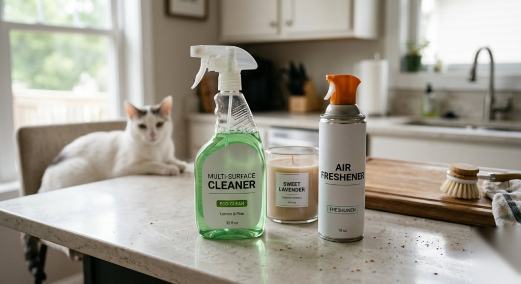 Household cleaning products and air freshener next to a blurred white cat
