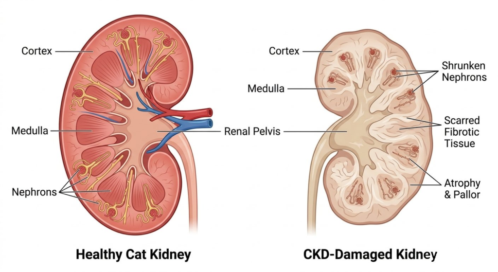 Medical diagram comparing a healthy cat kidney with a CKD-damaged cat kidney showing internal structures and tissue scarring