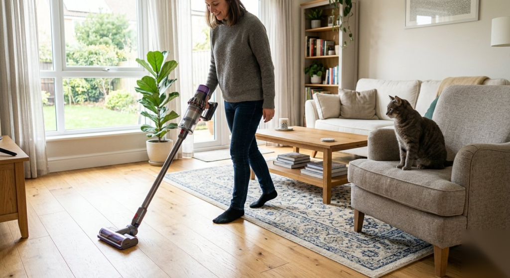 Person vacuuming a living room while a grey cat sits on a chair