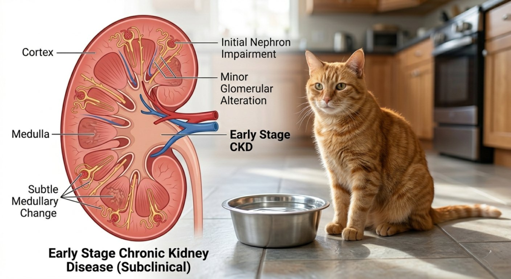 Senior orange tabby cat sitting next to a full water bowl at home representing Stage 1 kidney disease with no visible symptoms