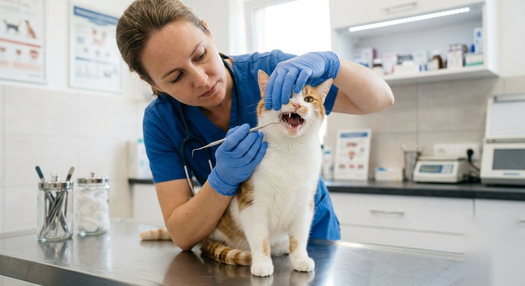 Vet examining the teeth of a white and ginger cat

