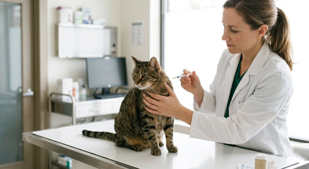 A veterinarian vaccinating a calm indoor tabby cat on an examination table in a clean clinic